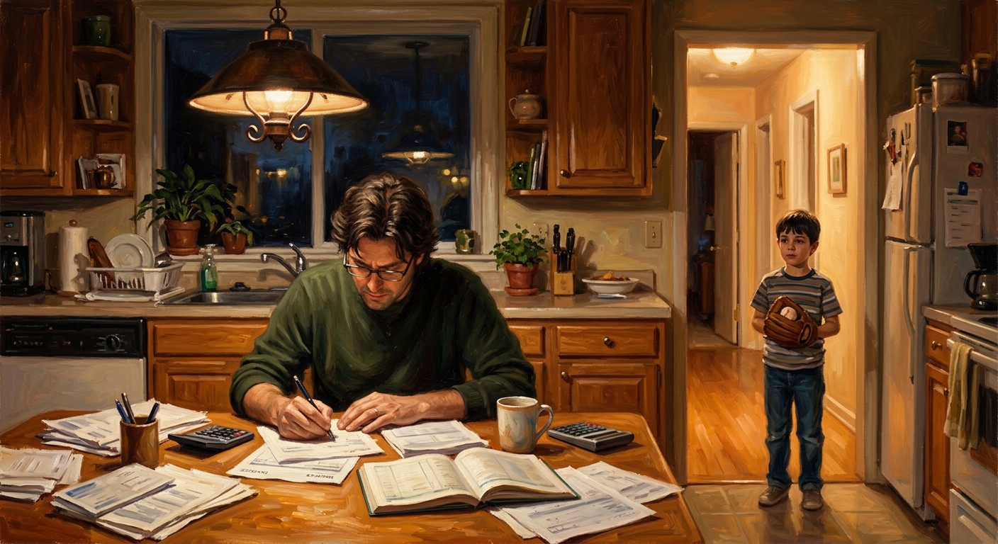 Contractor buried in paperwork at his kitchen table at night while his son waits in the doorway